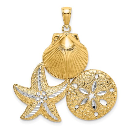 14k Yellow & Rhodium Gold with White Rhodium Diamond-cut Scallop Starfish Sand Dollar Charm