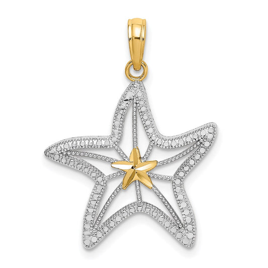 14k Yellow & Rhodium Gold with White Rhodium Diamond-cut Starfish W/ Star Charm