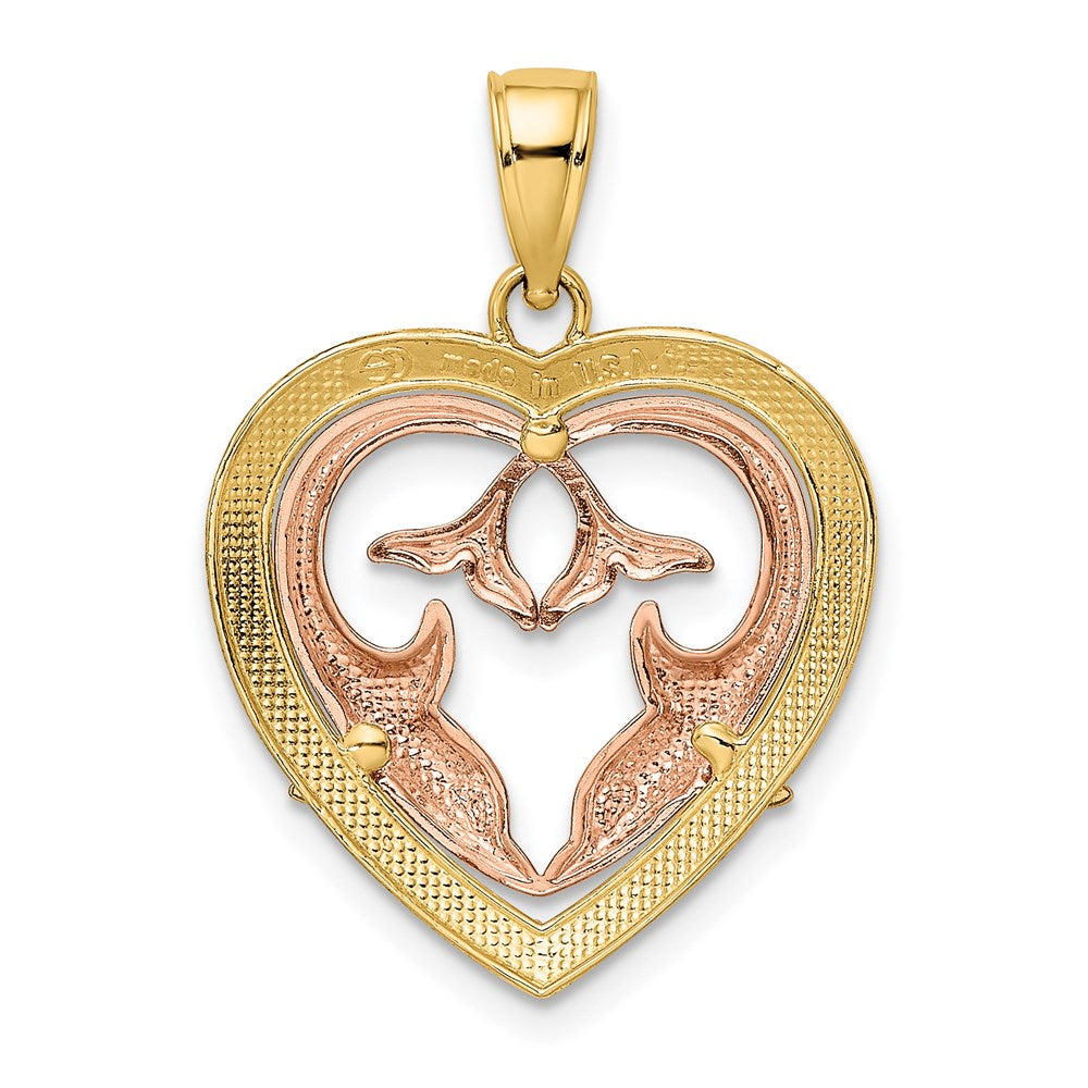 14k Two-tone Gold Two-tone Gold w/White Rhodium Dolphins In Heart Frame Charm