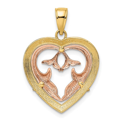 14k Two-tone Gold Two-tone Gold w/White Rhodium Dolphins In Heart Frame Charm