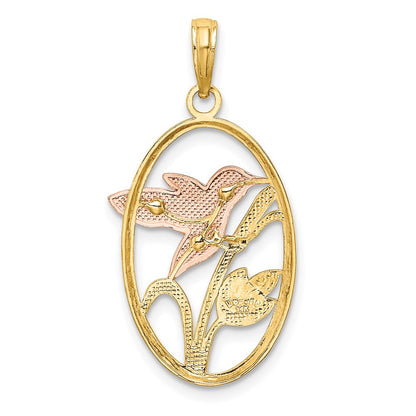 14k Two-tone Gold with White Rhodium Hummingbird and Flowers In Oval Frame Charm