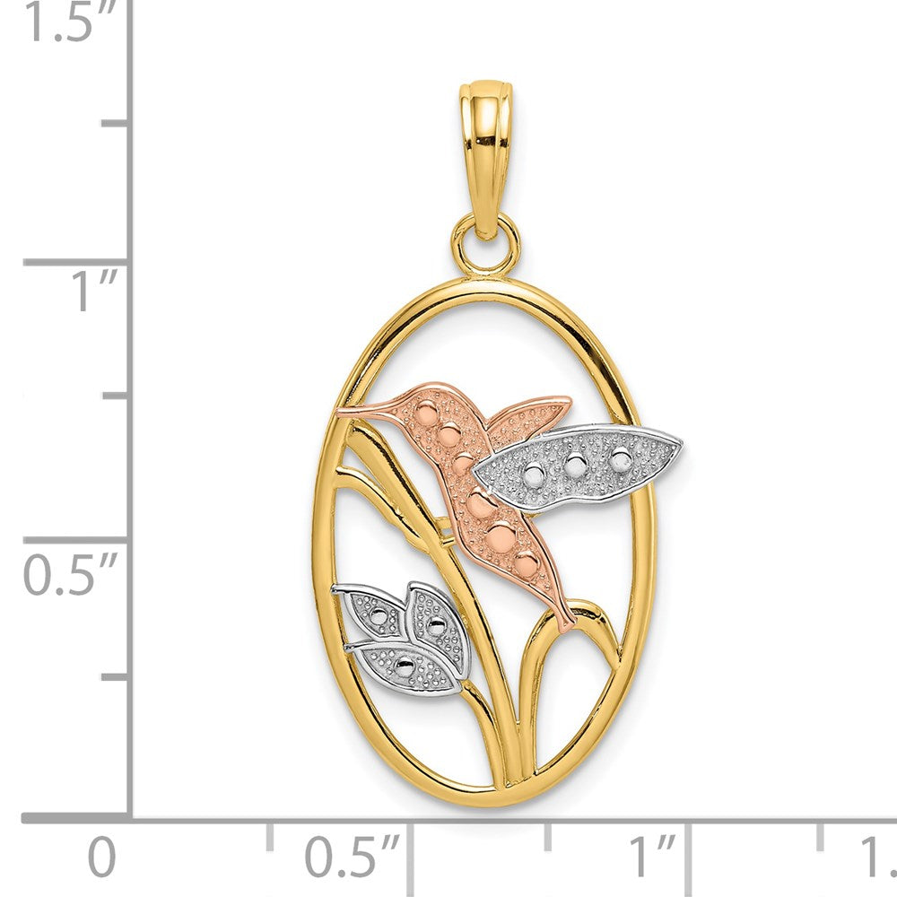 14k Two-tone Gold with White Rhodium Hummingbird and Flowers In Oval Frame Charm