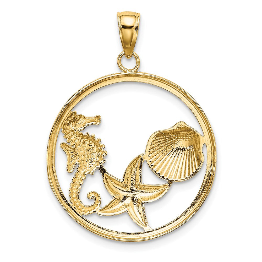 14k Yellow & Rhodium Gold with White Rhodium Scallop Starfish Seahorse Circle Charm