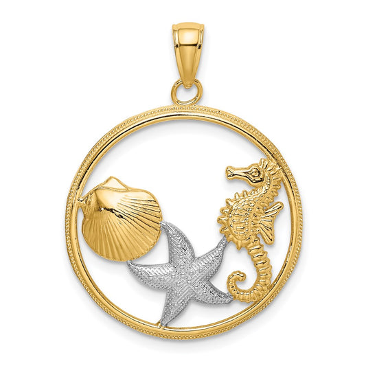 14k Yellow & Rhodium Gold with White Rhodium Scallop Starfish Seahorse Circle Charm