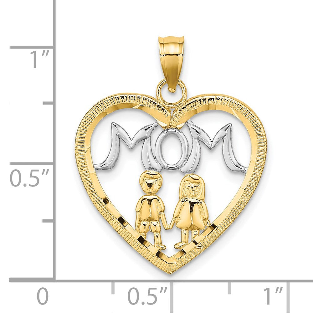 14k Yellow & Rhodium Gold w/ Rhodium MOM Heart with 2 Kids Charm