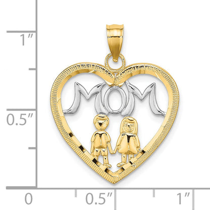 14k Yellow & Rhodium Gold w/ Rhodium MOM Heart with 2 Kids Charm