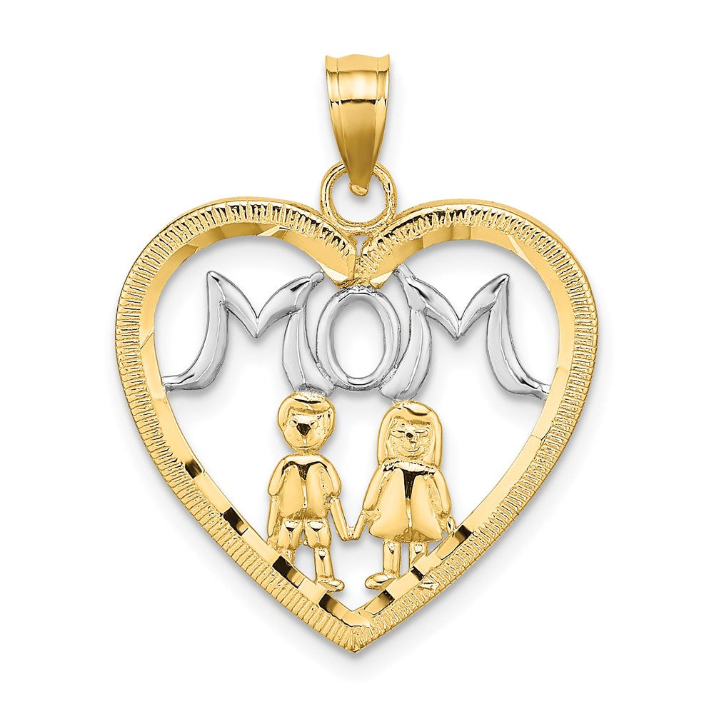 14k Yellow & Rhodium Gold w/ Rhodium MOM Heart with 2 Kids Charm