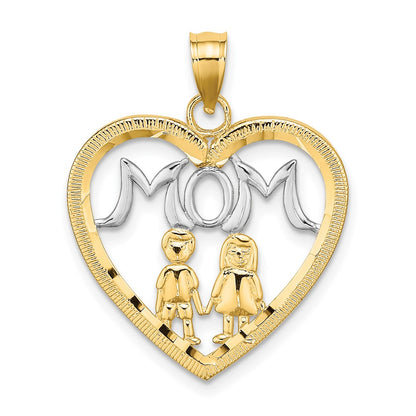 14k Yellow & Rhodium Gold w/ Rhodium MOM Heart with 2 Kids Charm