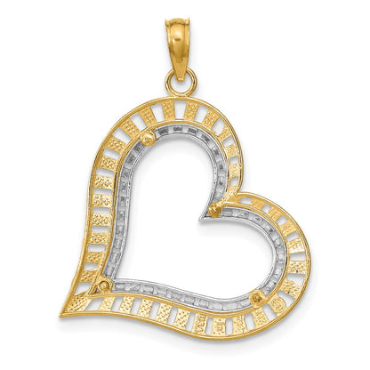 14k Yellow & Rhodium Gold w/ Rhodium Diamond-cut Large Tilted Heart Charm