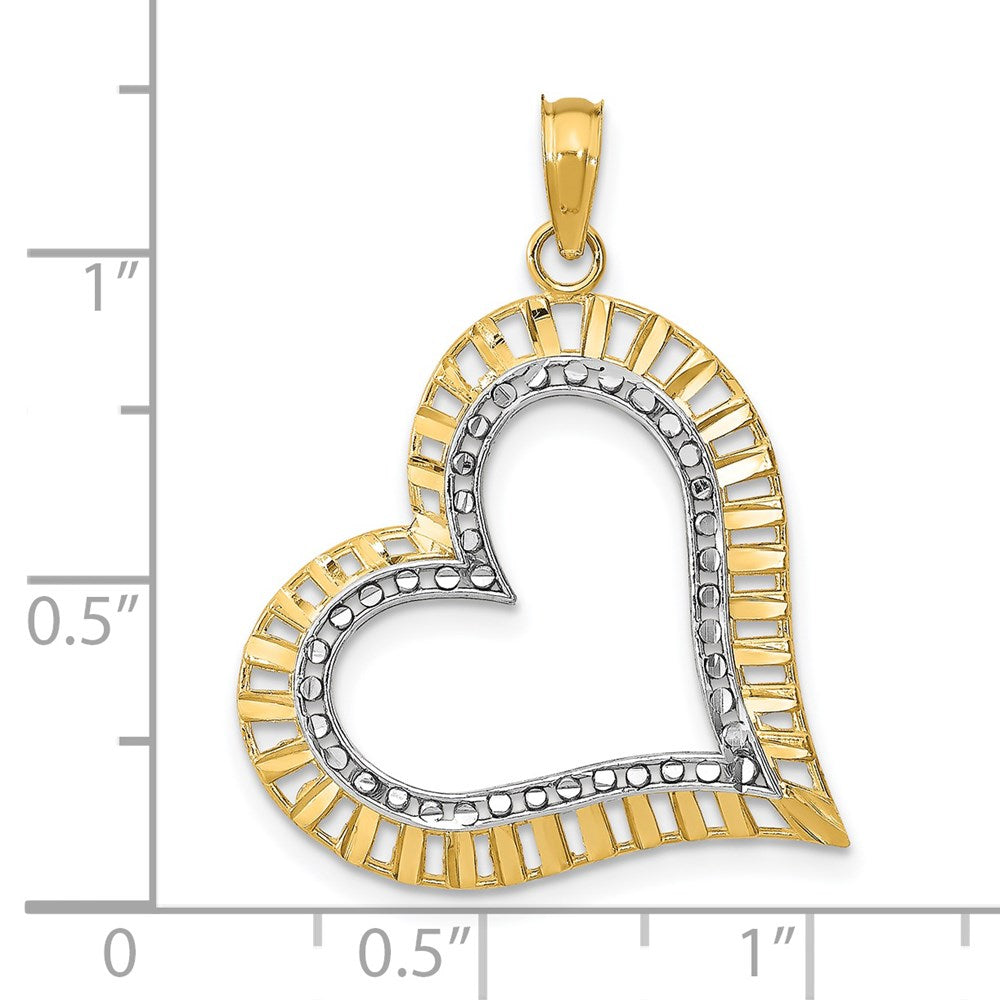 14k Yellow & Rhodium Gold w/ Rhodium Diamond-cut Large Tilted Heart Charm