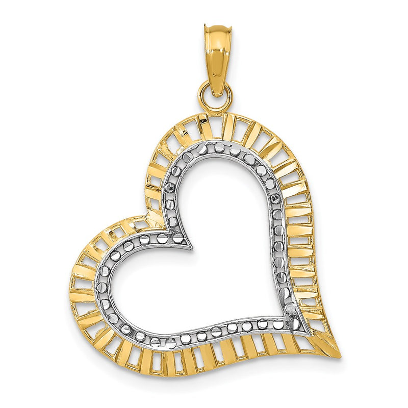 14k Yellow & Rhodium Gold w/ Rhodium Diamond-cut Large Tilted Heart Charm