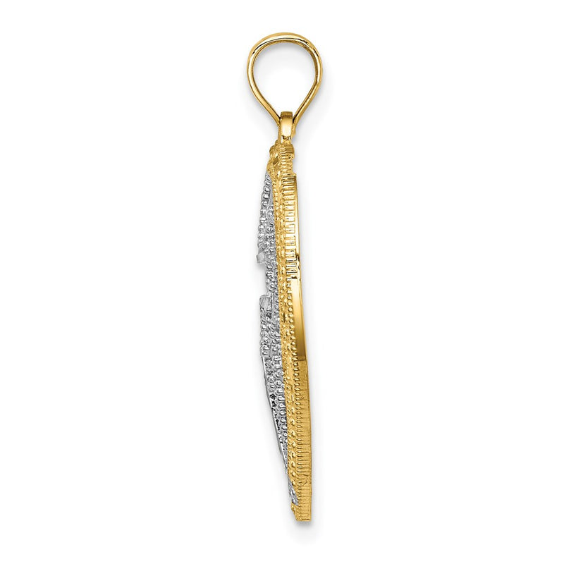 14k Yellow & Rhodium Gold w/Rhodium Cut-Out and Beaded Filigree Heart w/Cross Charm