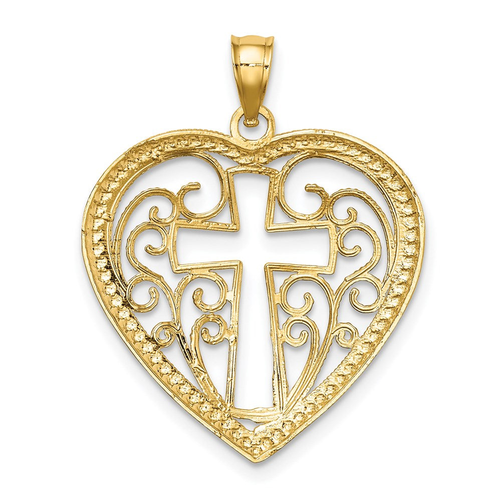 14k Yellow & Rhodium Gold w/Rhodium Cut-Out and Beaded Filigree Heart w/Cross Charm