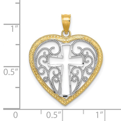 14k Yellow & Rhodium Gold w/Rhodium Cut-Out and Beaded Filigree Heart w/Cross Charm