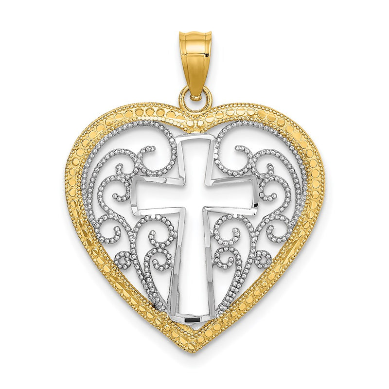 14k Yellow & Rhodium Gold w/Rhodium Cut-Out and Beaded Filigree Heart w/Cross Charm