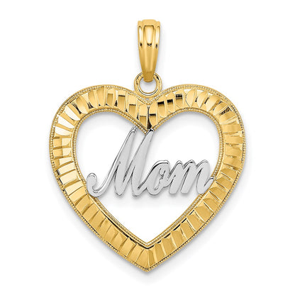 14k Yellow & Rhodium Gold w/ Rhodium Diamond-cut Heart MOM Charm