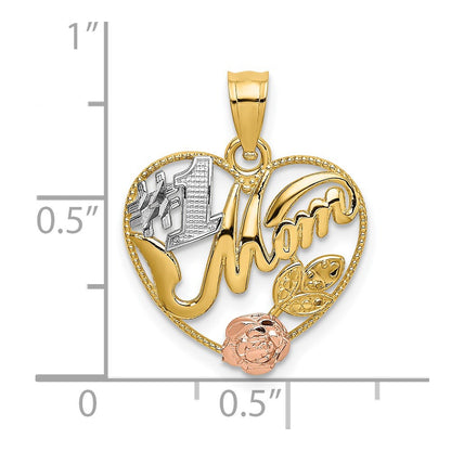 14k Two-tone Gold Yellow and Rose Gold w/White Rhodium  #1 MOM Heart Charm