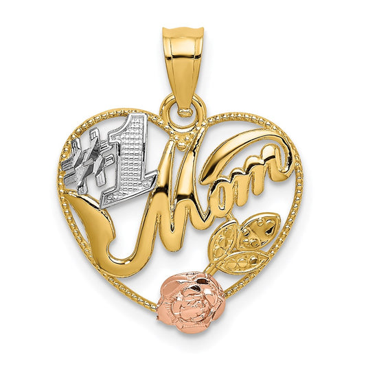 14k Two-tone Gold Yellow and Rose Gold w/White Rhodium  #1 MOM Heart Charm