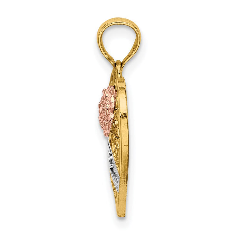 14k Two-tone Gold with White Rhodium LOVE Banner on Filigree Heart Charm