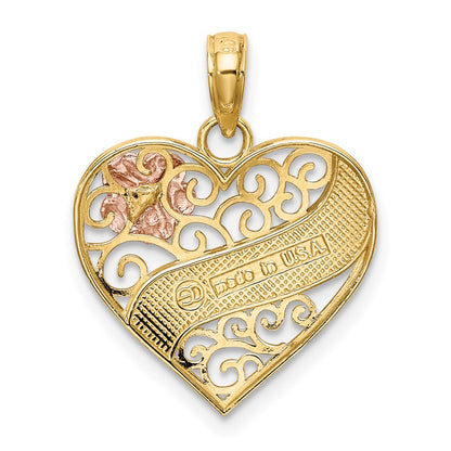 14k Two-tone Gold with White Rhodium LOVE Banner on Filigree Heart Charm