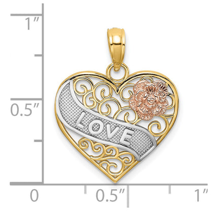 14k Two-tone Gold with White Rhodium LOVE Banner on Filigree Heart Charm