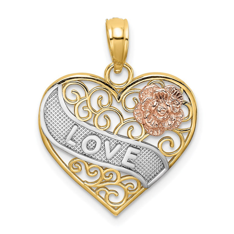 14k Two-tone Gold with White Rhodium LOVE Banner on Filigree Heart Charm
