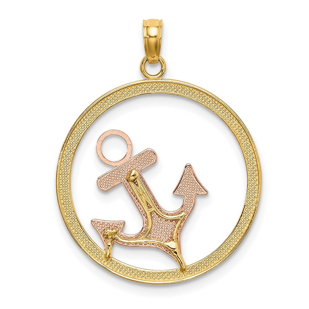 14k Two-tone Gold w/White Rhodium Anchor In Circle Charm