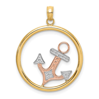 14k Two-tone Gold w/White Rhodium Anchor In Circle Charm