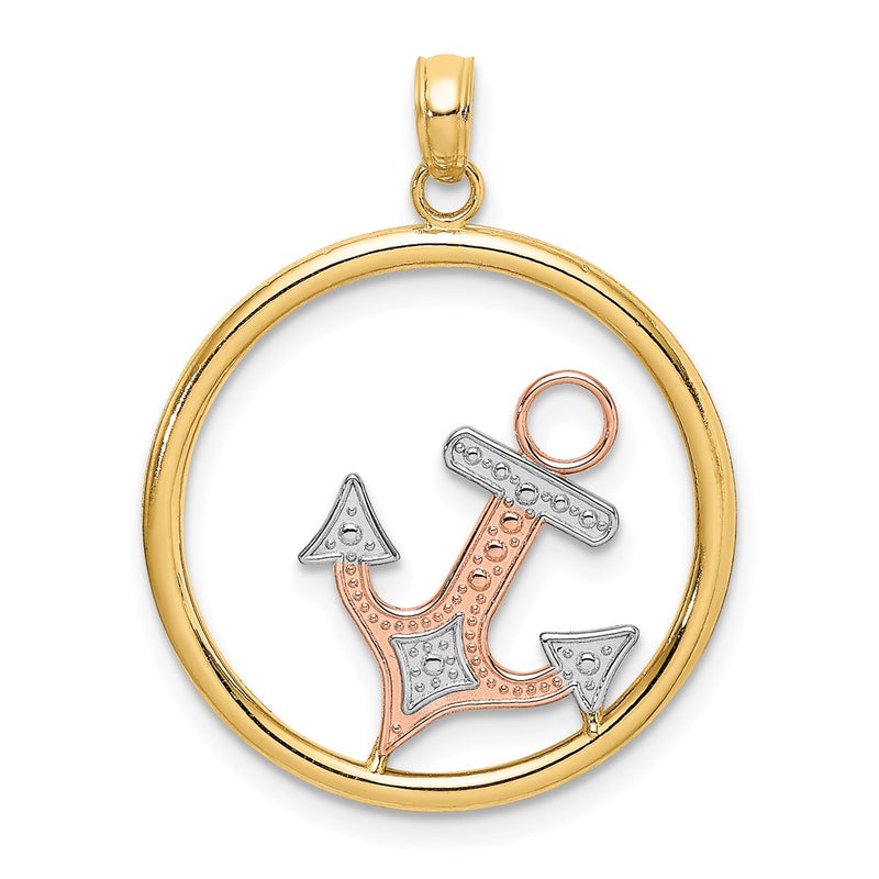 14k Two-tone Gold w/White Rhodium Anchor In Circle Charm