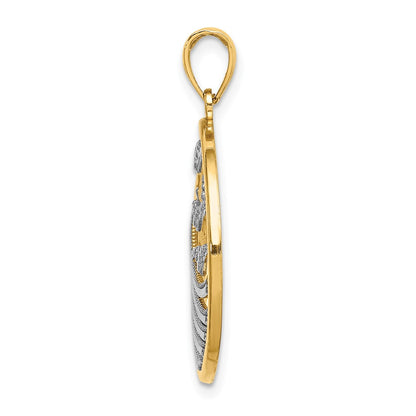 14k Yellow & Rhodium Gold w/Rhodium Sunset and Seagulls In Circle Pendant