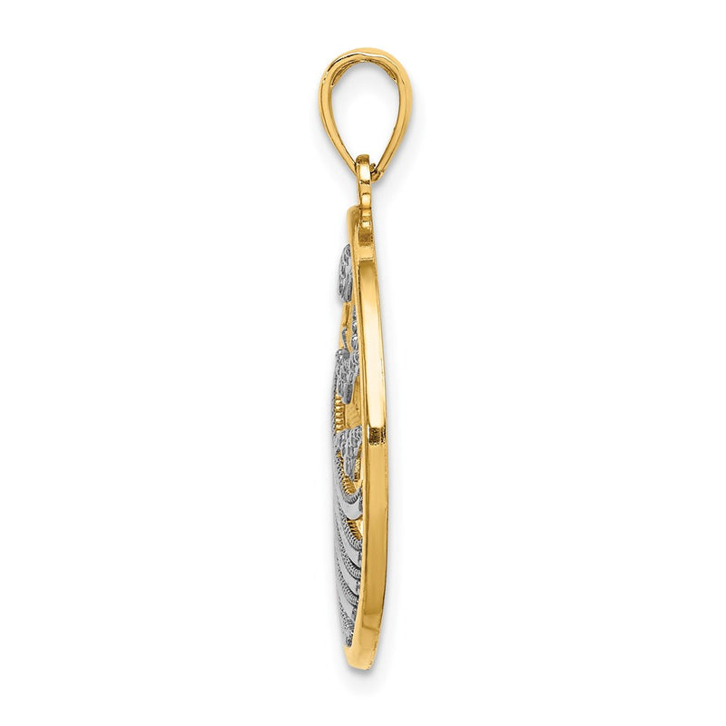 14k Yellow & Rhodium Gold w/Rhodium Sunset and Seagulls In Circle Pendant