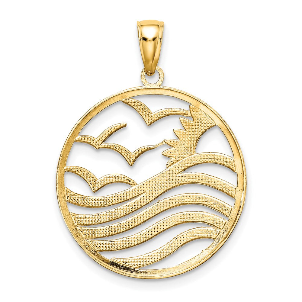 14k Yellow & Rhodium Gold w/Rhodium Sunset and Seagulls In Circle Pendant