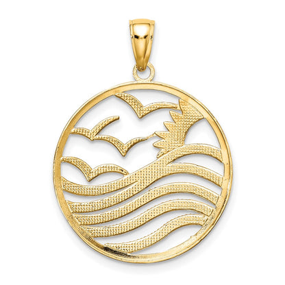 14k Yellow & Rhodium Gold w/Rhodium Sunset and Seagulls In Circle Pendant