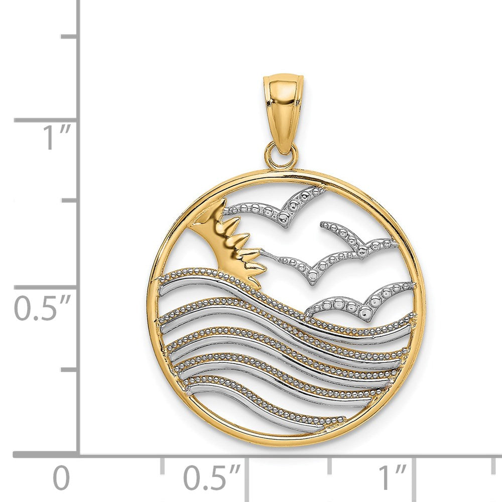 14k Yellow & Rhodium Gold w/Rhodium Sunset and Seagulls In Circle Pendant