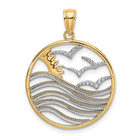 14k Yellow & Rhodium Gold w/Rhodium Sunset and Seagulls In Circle Pendant