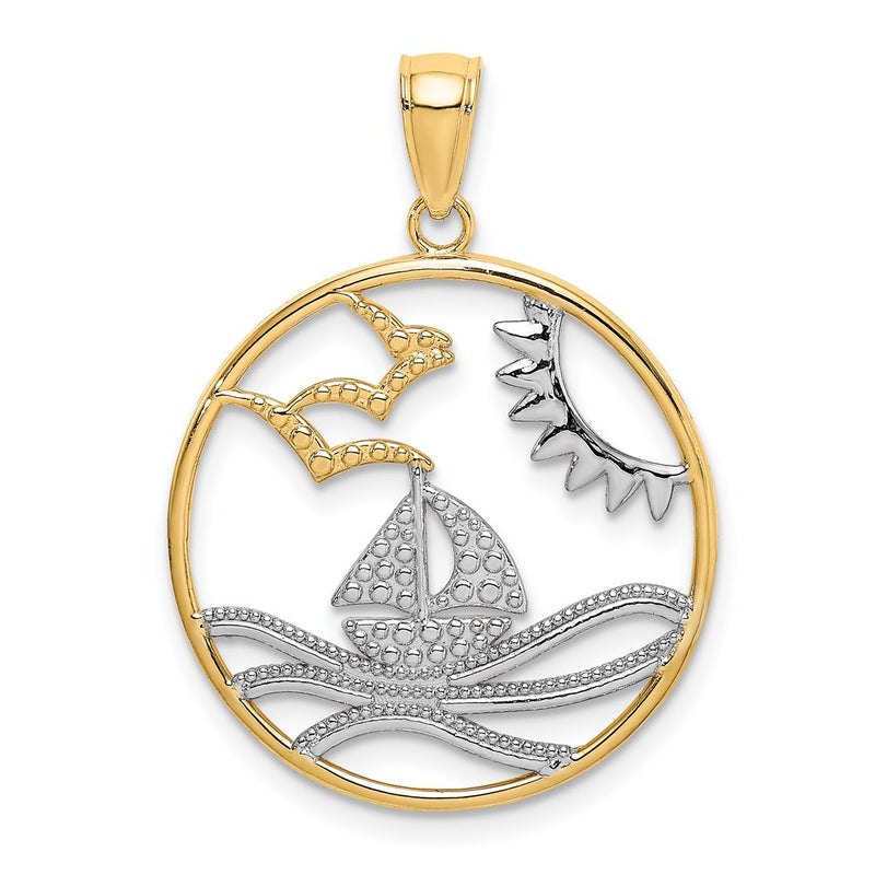 14k Yellow & Rhodium Gold w/Rhodium Sun Sailboat Water Seagulls Circle Charm
