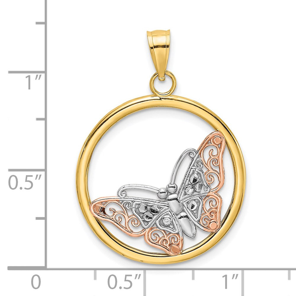 14k Two-tone Gold w/White Rhodium Butterfly In Round Frame Charm