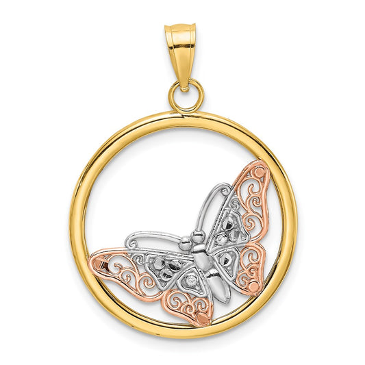 14k Two-tone Gold w/White Rhodium Butterfly In Round Frame Charm