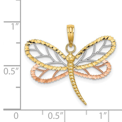 14k Two-tone Gold White Rhodium Dragonfly w/Beaded Diamond-cut Wings Charm
