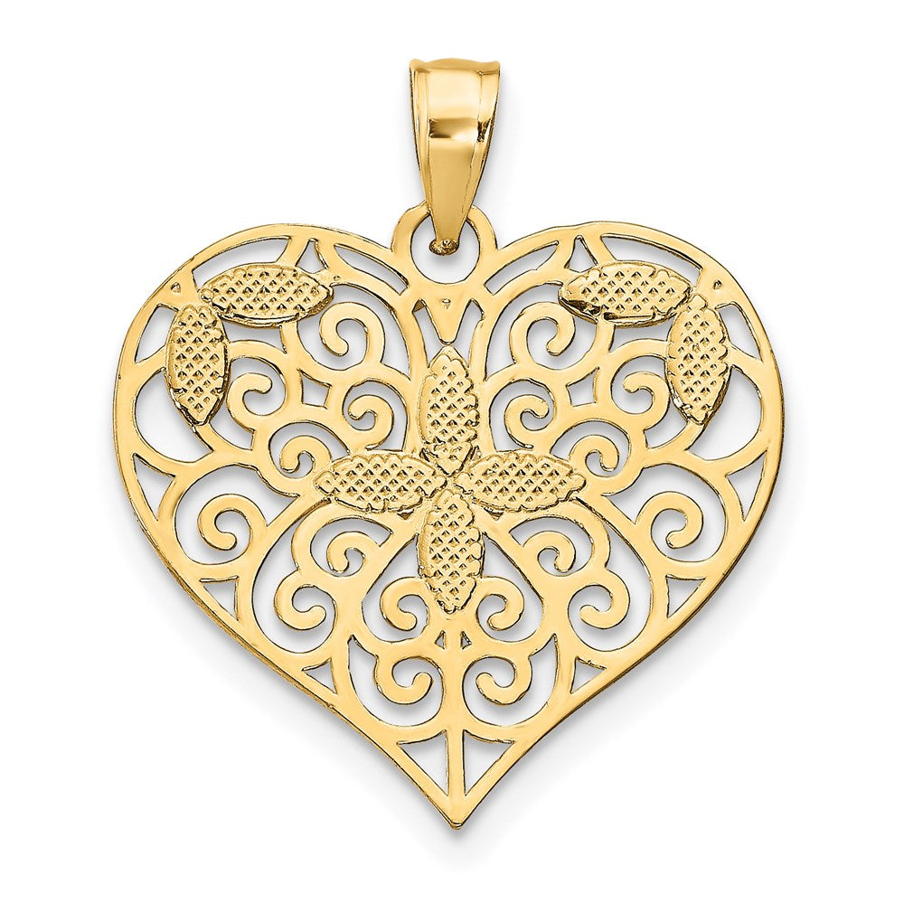 14k Yellow & Rhodium Gold w/Rhodium Cut-Out Filigree Flower and Heart Charm