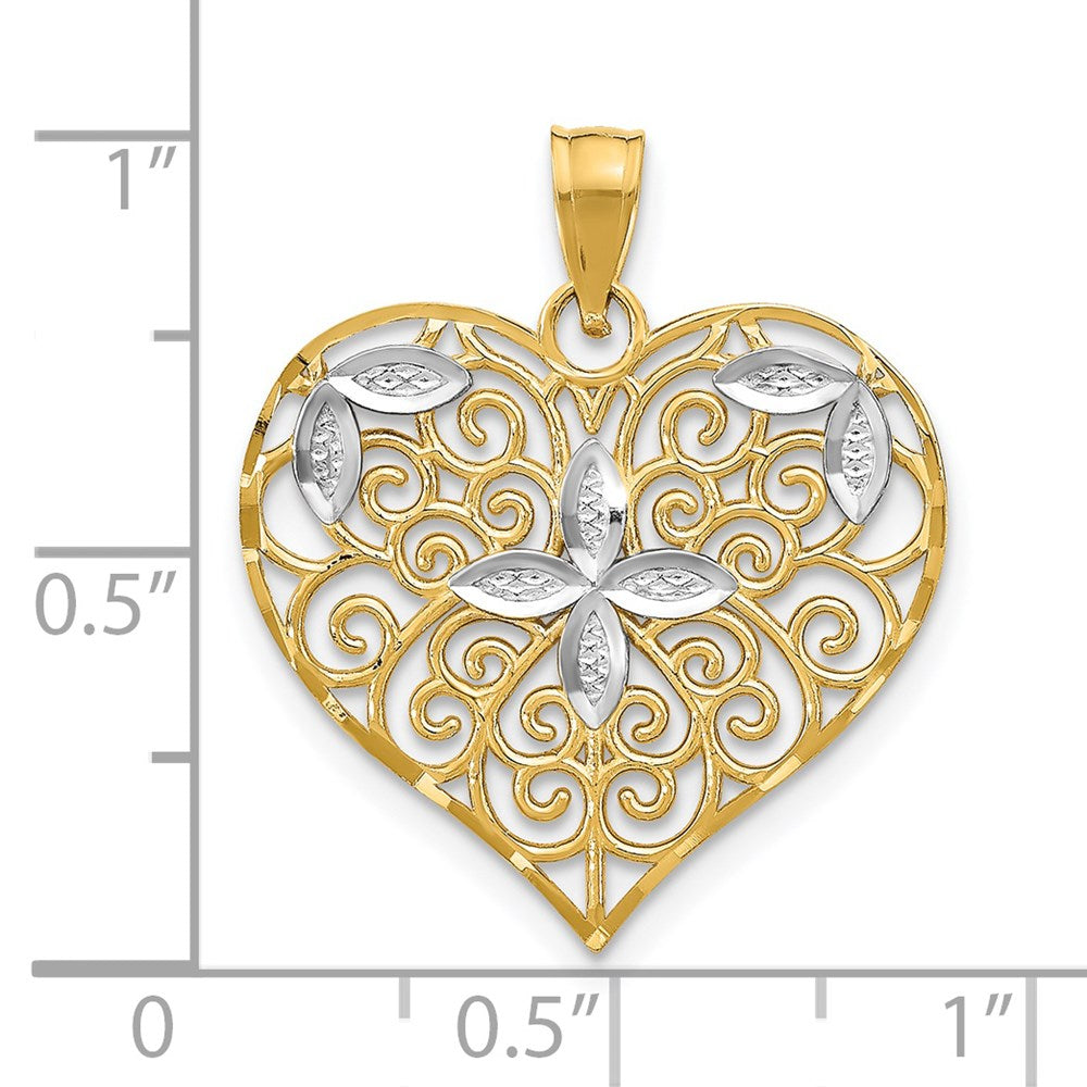 14k Yellow & Rhodium Gold w/Rhodium Cut-Out Filigree Flower and Heart Charm