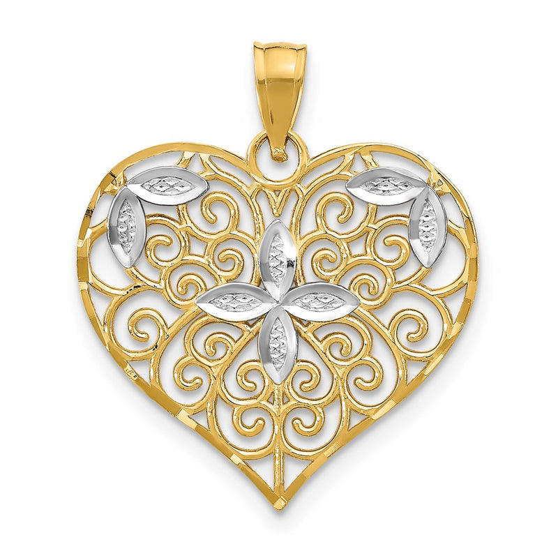 14k Yellow & Rhodium Gold w/Rhodium Cut-Out Filigree Flower and Heart Charm
