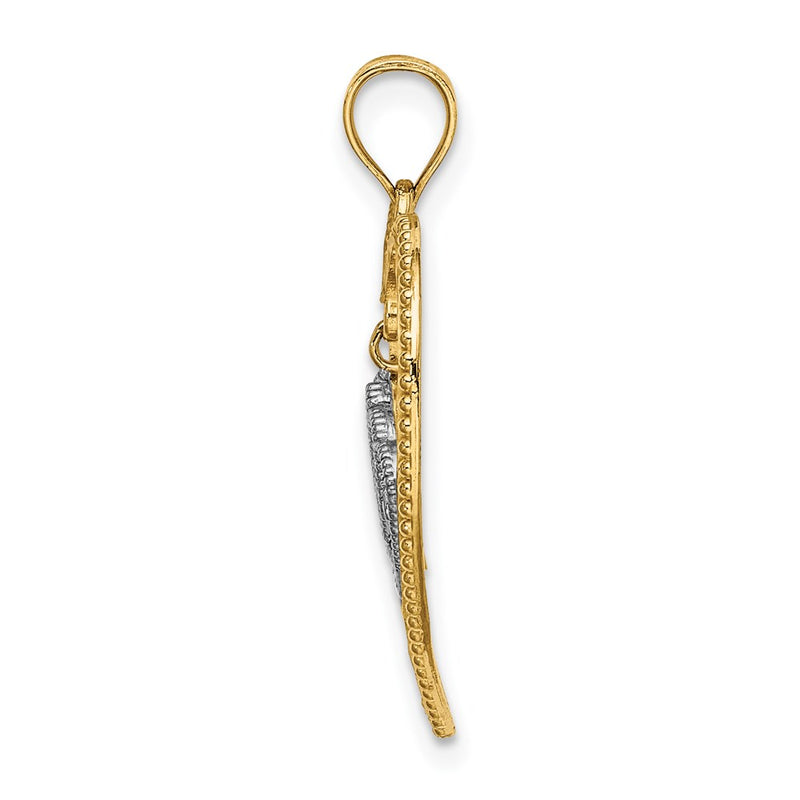 14k Yellow & Rhodium Gold& White Rhodium Beaded Heart w/ Dangling Crown Charm