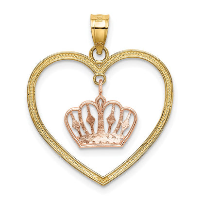 14k Yellow & Rhodium Gold& White Rhodium Beaded Heart w/ Dangling Crown Charm