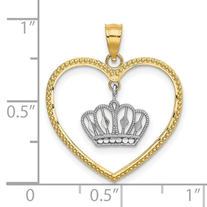 14k Yellow & Rhodium Gold& White Rhodium Beaded Heart w/ Dangling Crown Charm