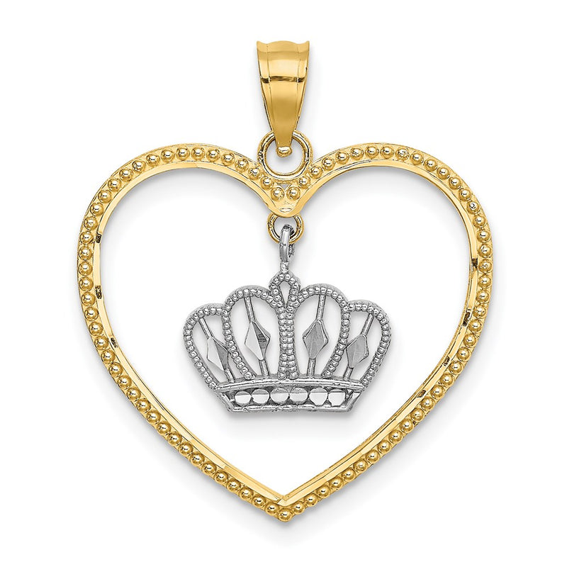 14k Yellow & Rhodium Gold& White Rhodium Beaded Heart w/ Dangling Crown Charm
