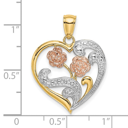 14k Two-tone Gold Two-tone Gold w/ White Rhodium Flower Heart Charm