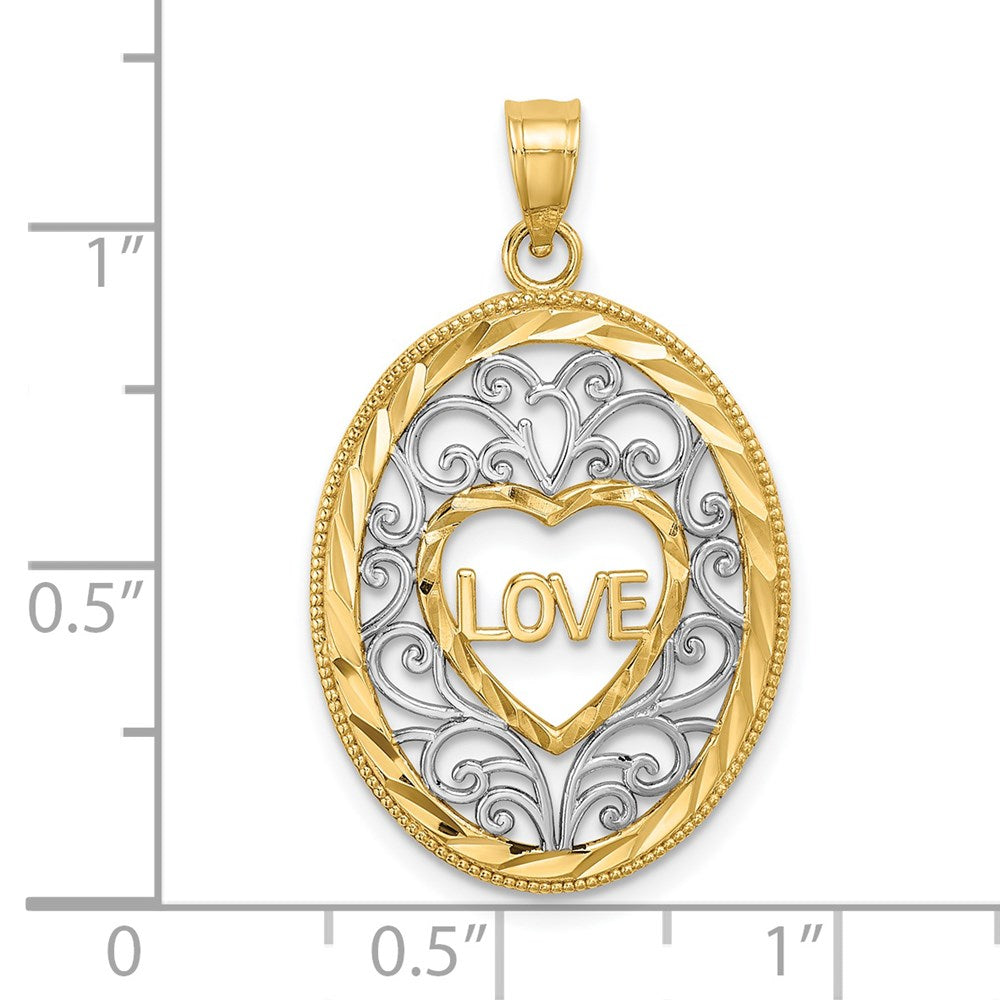 14k Yellow & Rhodium Gold w/Rhodium LOVE Filigree Accent Oval Charm