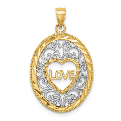 14k Yellow & Rhodium Gold w/Rhodium LOVE Filigree Accent Oval Charm