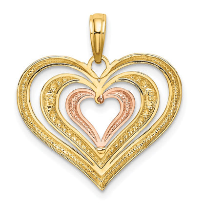 14k Two-tone Gold White Rhodium Textured and Polished Triple Hearts Charm